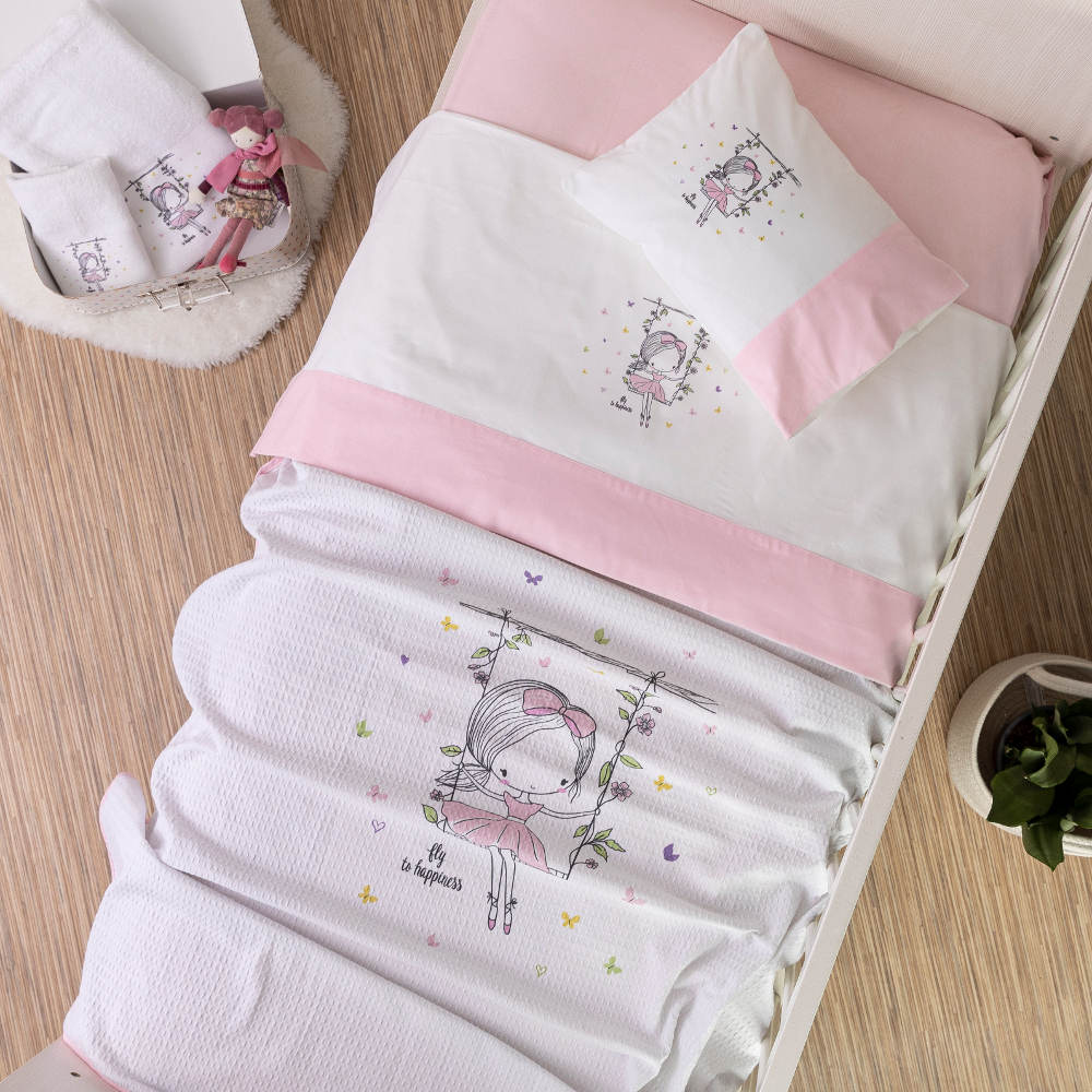 Κουβέρτα Πικέ Κούνιας Swing Λευκό-Ροζ BEBE 110 x 140 cm