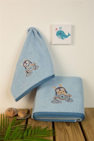 ΠΕΤΣΕΤΑ Με Κέντημα Σετ 2 τεμ bebe Airplane 156 30X50,70X140 Σιελ 100% Cotton-31140926013