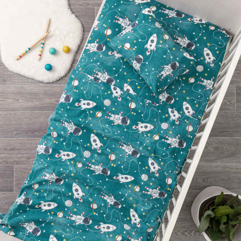 Σεντόνια Κούνιας Φανελένιο Σετ Αστροναύτης Πετρόλ BEBE (2) 120 x 160 cm + 30 x 40 cm