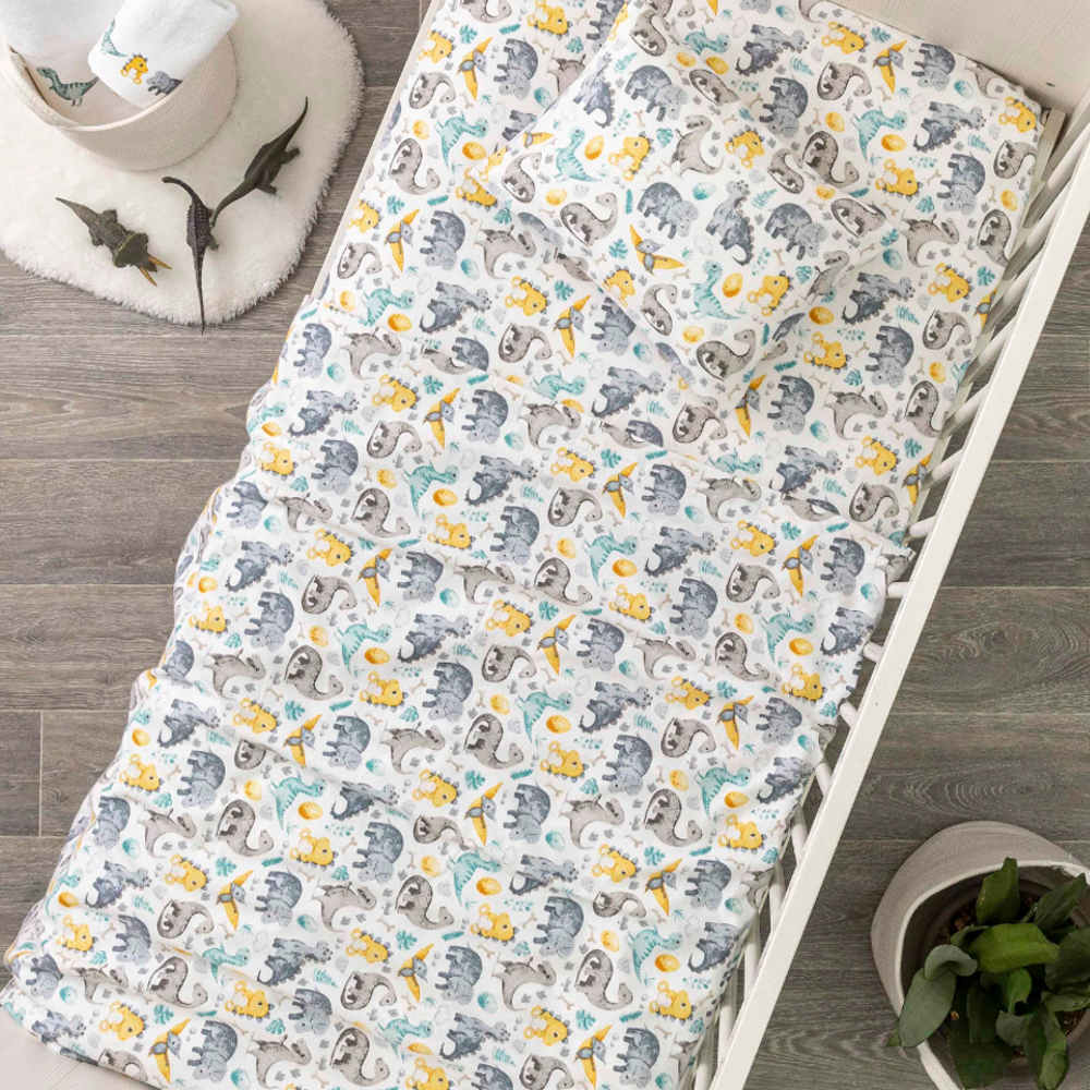 Σεντόνια Κούνιας Φανελένιο Σετ Δεινόσαυροι Γκρι BEBE (2) 120 x 160 cm + 30 x 40 cm