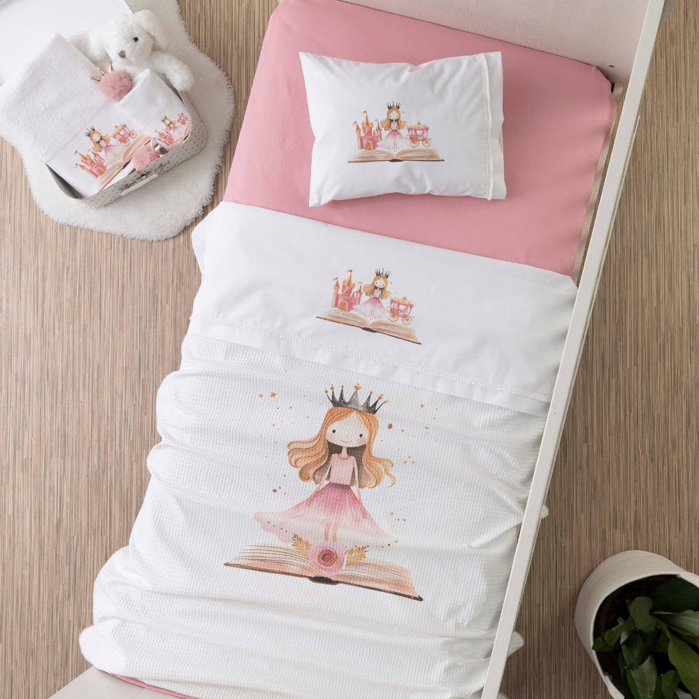 Κουβέρτα Πικέ Κούνιας Princesa Λευκό-Ροζέ BEBE 110 x 140 cm