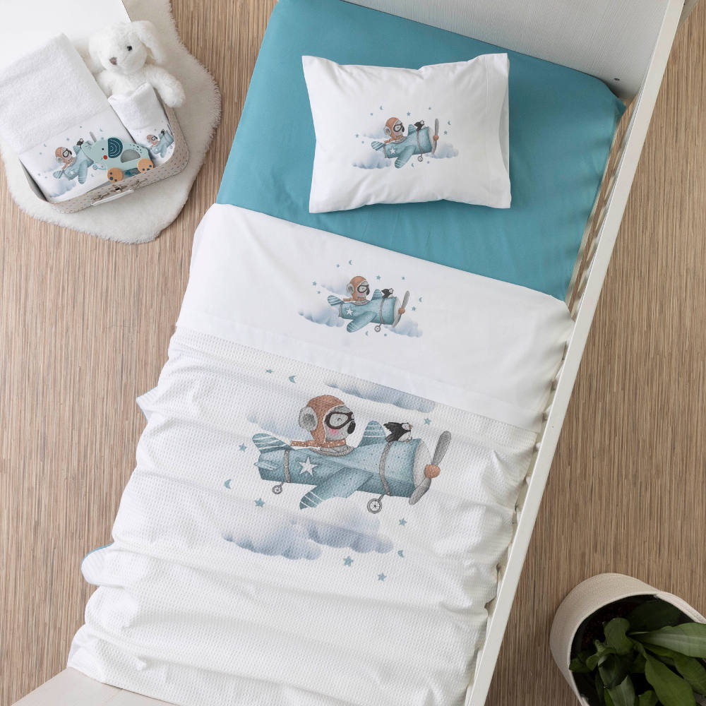 Σεντόνια Κούνιας Σετ Aviator Λευκό-Πετρόλ BEBE (2) 120 x 160 cm + 30 x 40 cm