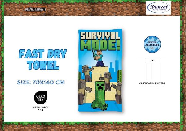 Πετσέτα Θαλάσσης Quick Dry Mojang Minecraft 91 70X140 Sky Blue-Yellow 100% Microfiber-54460912015