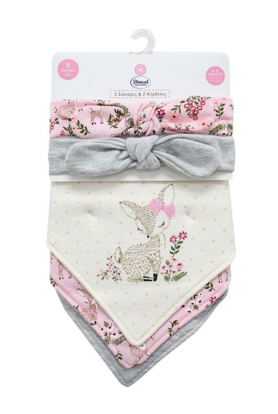 Σαλιάρα Μπαντάνα Interlock & Επένδυση Terry με Κουμπία bebe Σετ 5 Τεμ. Deer 25 20X42.5 Pink 60/40 Cott/Pol-3731310702002