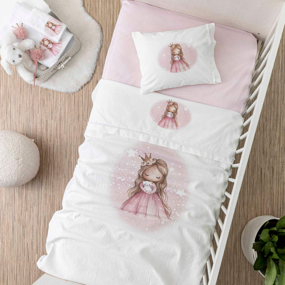 Κουβέρτα Πικέ Κούνιας Little Queen Λευκό-Ροζ BEBE 110 x 140 cm