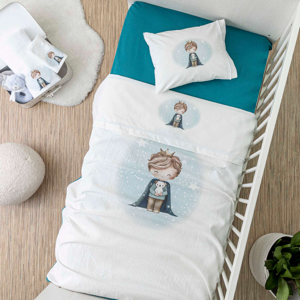 Σεντόνια Κούνιας Σετ Little King Λευκό-Πετρόλ BEBE (2) 120 x 160 cm + 30 x 40 cm