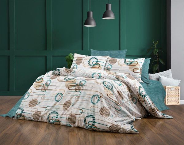 Σεντόνια Εμπριμέ Σετ 3 τεμ Διώνη 601 160X240 White-Petrol 70/30 Cott/Pol-33312223062