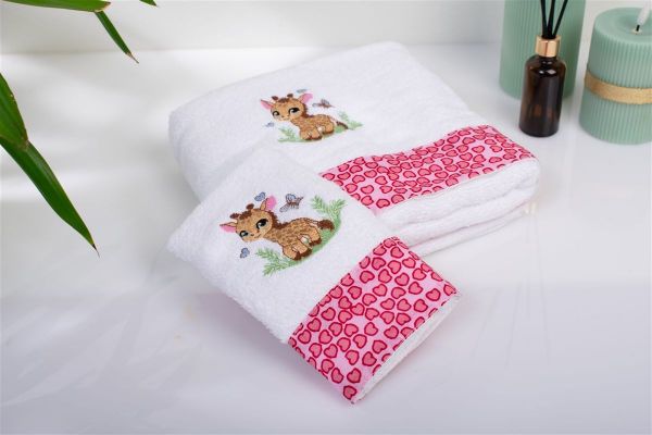 Πετσέτα Με Κέντημα Σετ 2 τεμ bebe Giraffe 172 30X50,70X140 White-Pink 100% Cotton-31140926025
