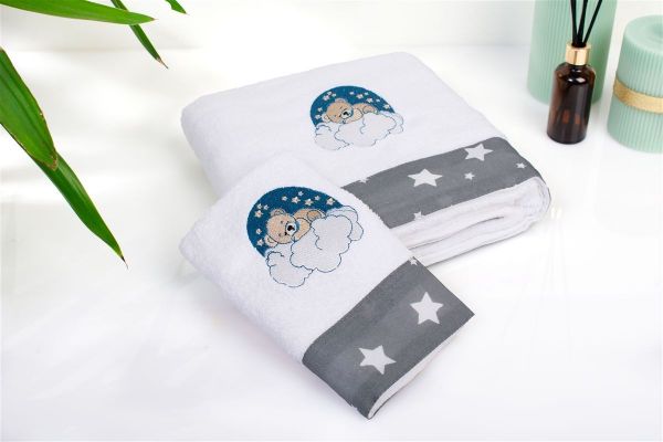 Πετσέτα Με Κέντημα Σετ 2 τεμ bebe Cloudy Bear 176 30X50,70X140 White-Grey 100% Cotton-31140926028
