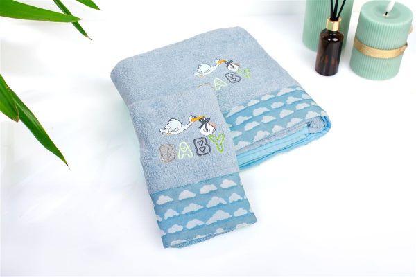 Πετσέτα Με Κέντημα Σετ 2 τεμ bebe Stork 191 30X50,70X140 Sky Blue 100% Cotton-31140926041