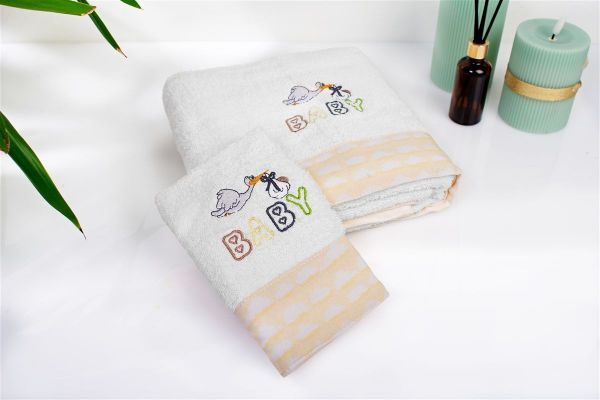 Πετσέτα Με Κέντημα Σετ 2 τεμ bebe Stork 193 30X50,70X140 White-Yellow 100% Cotton-31140926043