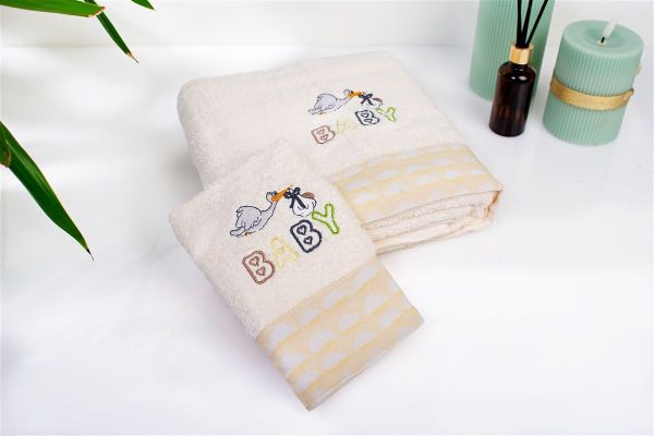 Πετσέτα Με Κέντημα Σετ 2 τεμ bebe Stork 194 30X50,70X140 Ecru-Yellow 100% Cotton-31140926044