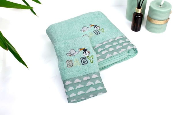 Πετσέτα Με Κέντημα Σετ 2 τεμ bebe Stork 195 30X50,70X140 Mint 100% Cotton-31140926045