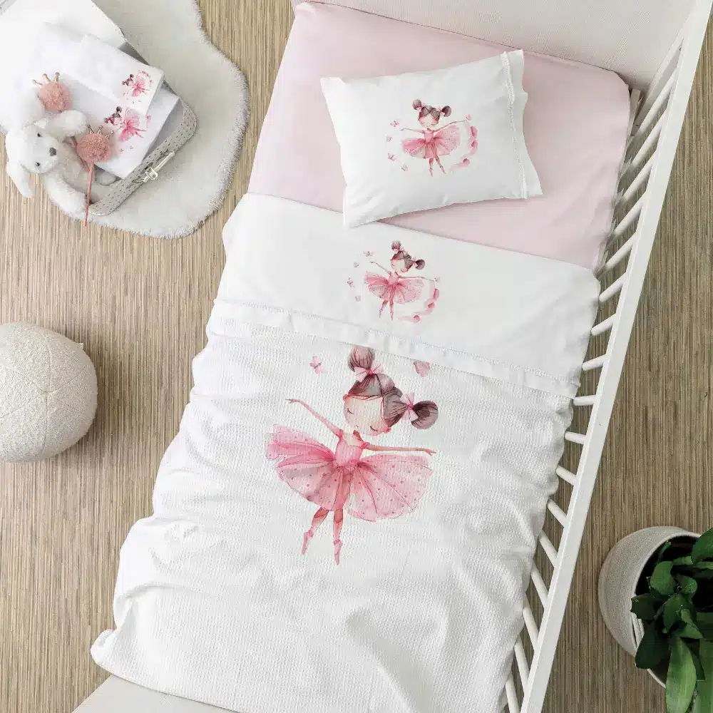 Σεντόνια Κούνιας Σετ Balletto Λευκό-Ροζ BEBE (2) 120 x 160 cm + 30 x 40 cm