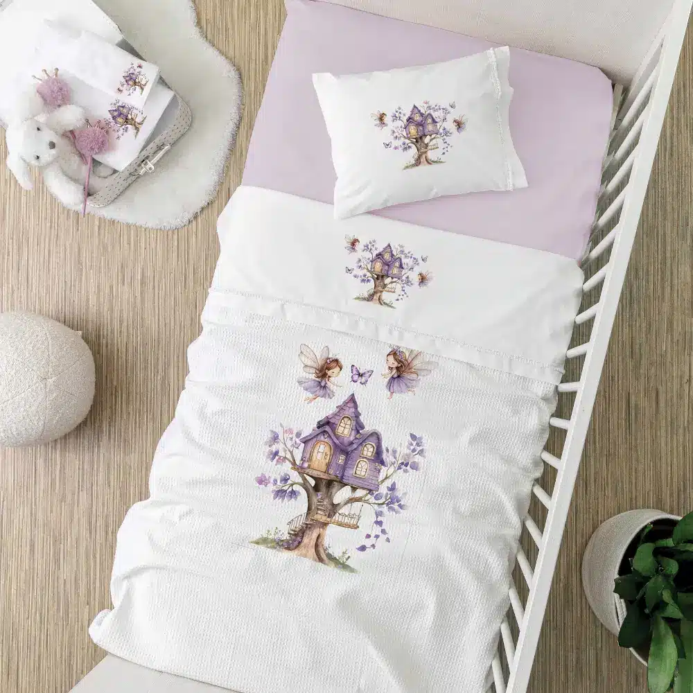 Σεντόνια Κούνιας Σετ Magic Garden Λευκό-Λιλά BEBE (2) 120 x 160 cm + 30 x 40 cm