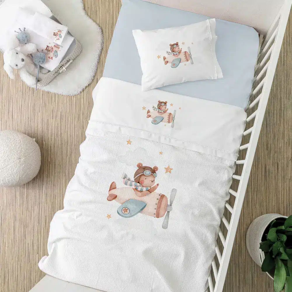 Σεντόνια Κούνιας Σετ Pilot Λευκό-Σιέλ BEBE (2) 120 x 160 cm + 30 x 40 cm