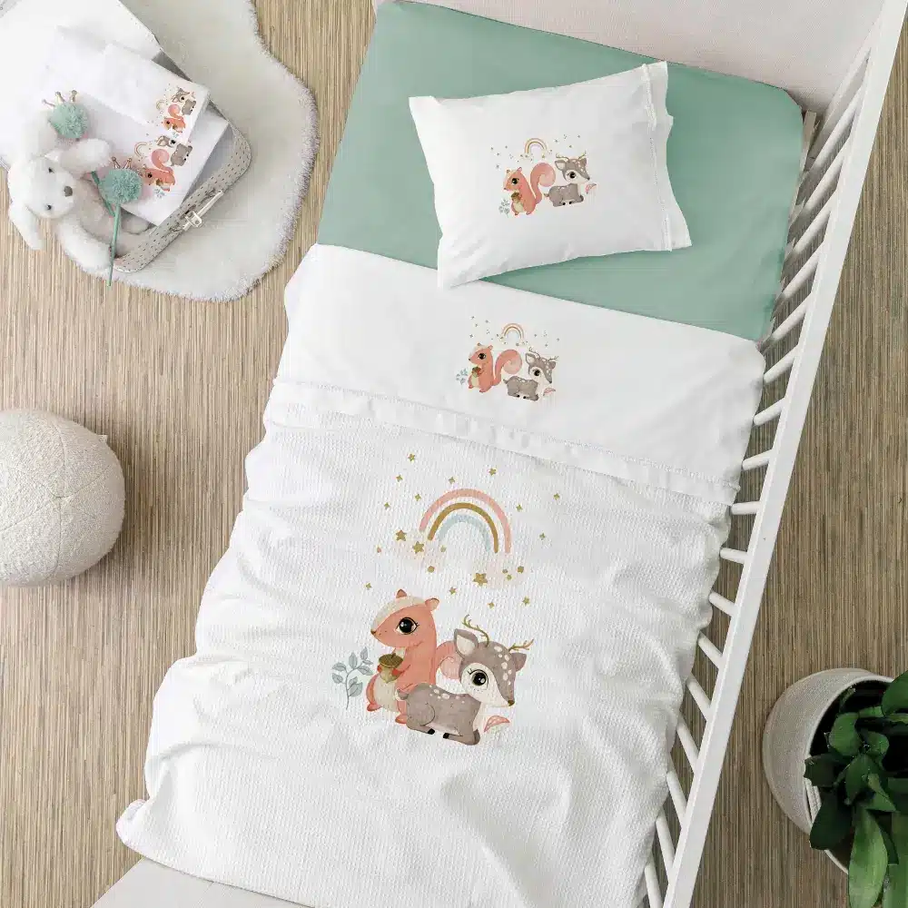 Σεντόνια Κούνιας Σετ Woodland Λευκό-Βεραμάν BEBE (2) 120 x 160 cm + 30 x 40 cm